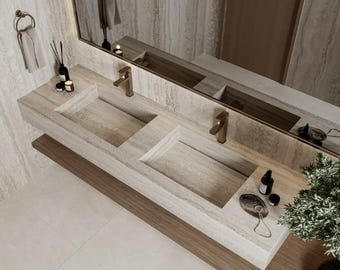 トラバーチンダブルシンク（隠し排水口付き）、天然石のスタイリッシュなデザイン、個性的な彫刻が施されたバスルームシンク