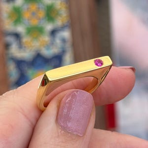 May include: A gold-toned ring featuring a smooth, rectangular top bar with a single, small, round, vibrant pink gemstone set flush into one end of the metal surface. The band has a polished finish and a geometric, angular design.