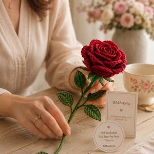 Schema PDF per realizzare un gambo di rosa rossa all'uncinetto, tutorial per un bouquet botanico realistico, regalo di San Valentino, download immediato.