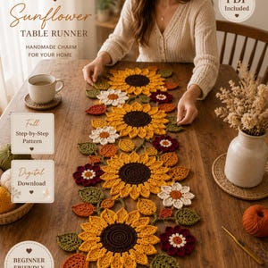 Crochet Sunflower Table Runner Pattern, Floral Garland with Leaves (Digital Download)