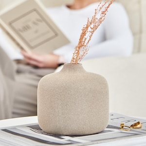 May include: A small, beige, textured vase with a square base and rounded top, holding dried ornamental grass. The vase sits on a stack of books with gold rings. A person is reading a book in the background.