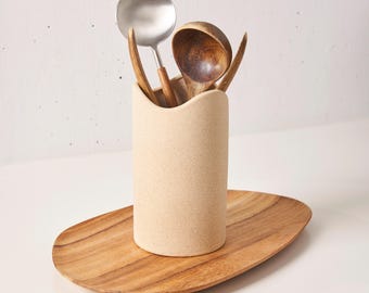 Keramik Küchenutensilien Topf: Neutraler Utensilienhalter für Pfannenwender und Serviergeschirr, Beige Blumenvase, Besteckbehälter