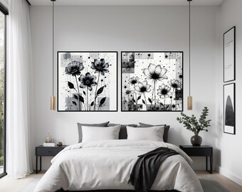 Set of 2 minimalist black and white paintings modern botanical art with geometric flowers, contemporary design perfect for decorating