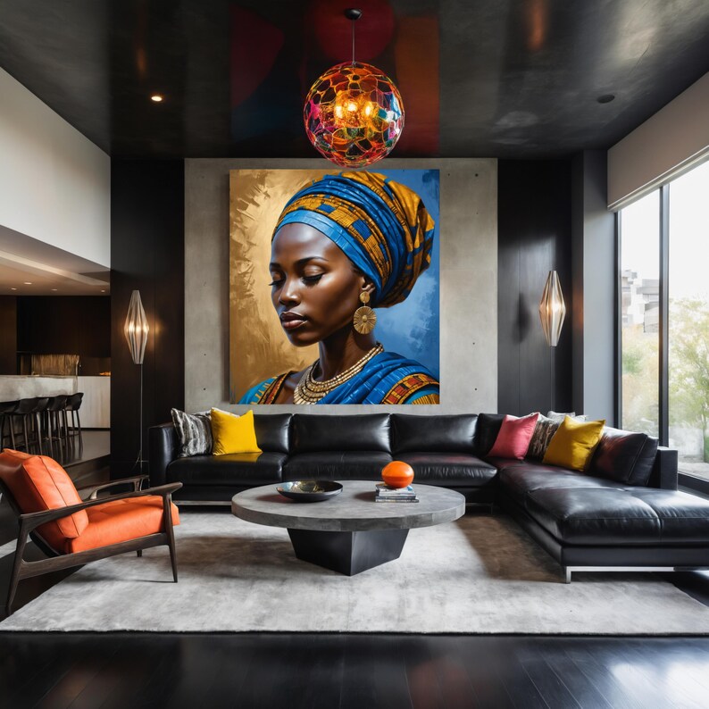 May include: A painting of a woman wearing a blue and gold headwrap and a blue and gold dress. The woman is looking down and has her eyes closed. The painting is set against a gold and blue background.
