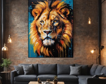 Abstract Lion Portrait - Animal Art with Vibrant Colors - Modern Realistic Lion Painting - Wall Decor for Living Room or Bedroom