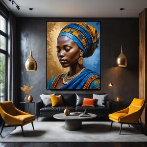 May include: A painting of a woman with dark skin wearing a blue and gold head wrap and a blue and gold patterned dress. The background is a gold and blue abstract design.