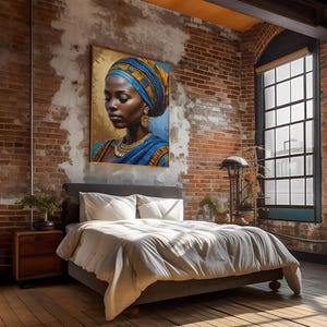May include: A bedroom with a bed, a nightstand, and a painting of a woman with a blue head wrap. The painting is on a brick wall. The bed has white bedding and a wooden frame. The nightstand is made of wood and has a drawer. The room has a large window with a view of the city.