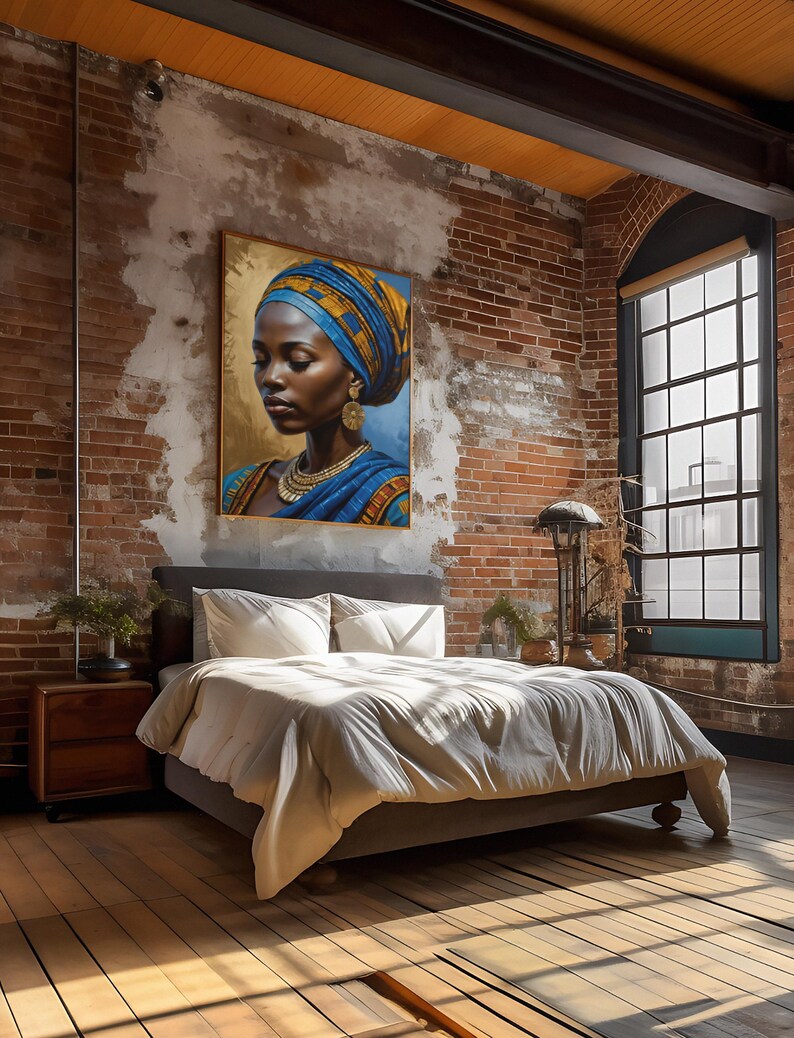 May include: A bedroom with a bed, a nightstand, and a painting of a woman with a blue head wrap. The painting is on a brick wall. The bed has white bedding and a wooden frame. The nightstand is made of wood and has a drawer. The room has a large window with a view of the city.