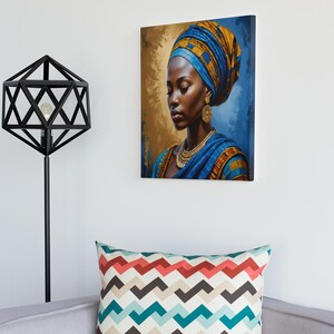 May include: A painting of a woman with dark skin wearing a blue and gold head wrap and gold jewelry. The background is a blue and gold gradient.