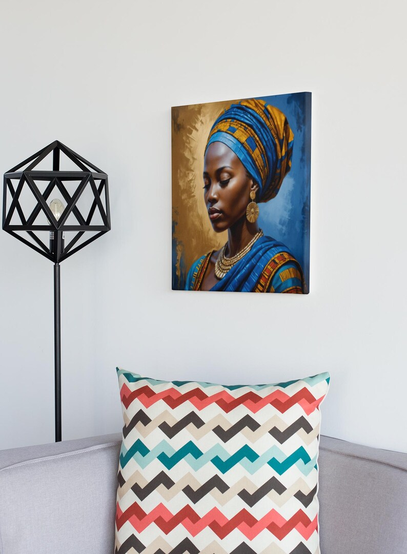 May include: A painting of a woman with dark skin wearing a blue and gold head wrap and gold jewelry. The background is a blue and gold gradient.