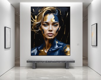 Modern Abstract Portrait - Digital Design with Gold and Blue Brush Strokes, Perfect for Professional Printing
