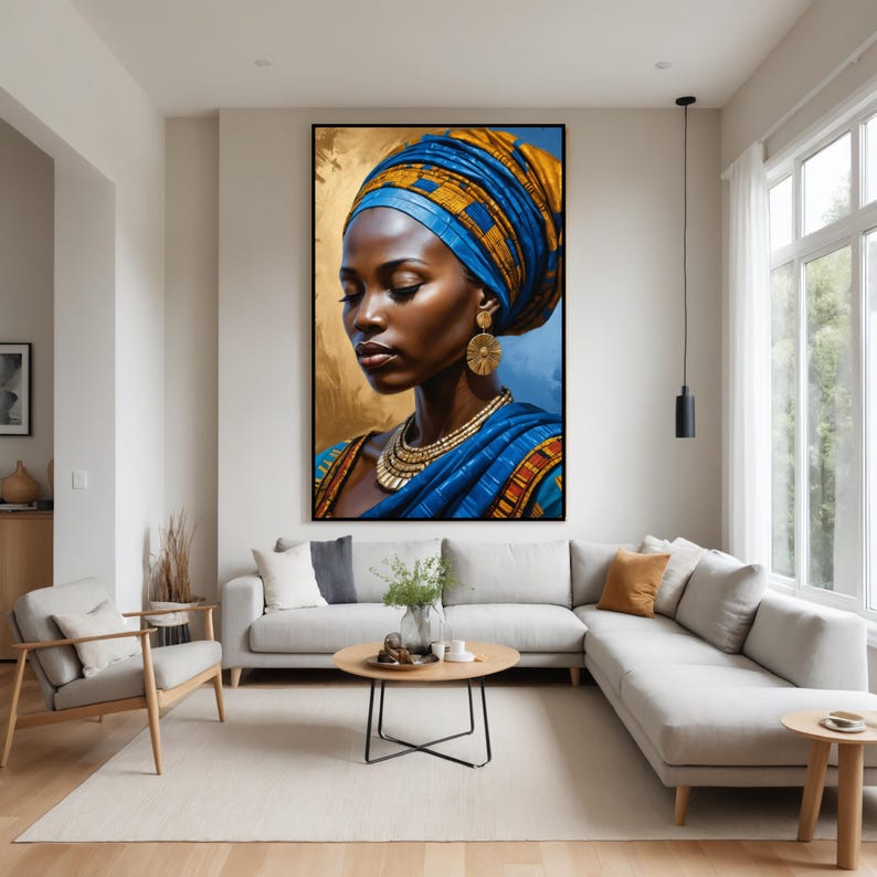 May include: A painting of a woman with dark skin wearing a blue and gold head wrap and a blue and gold patterned dress. She is wearing gold jewelry and has a serious expression on her face.