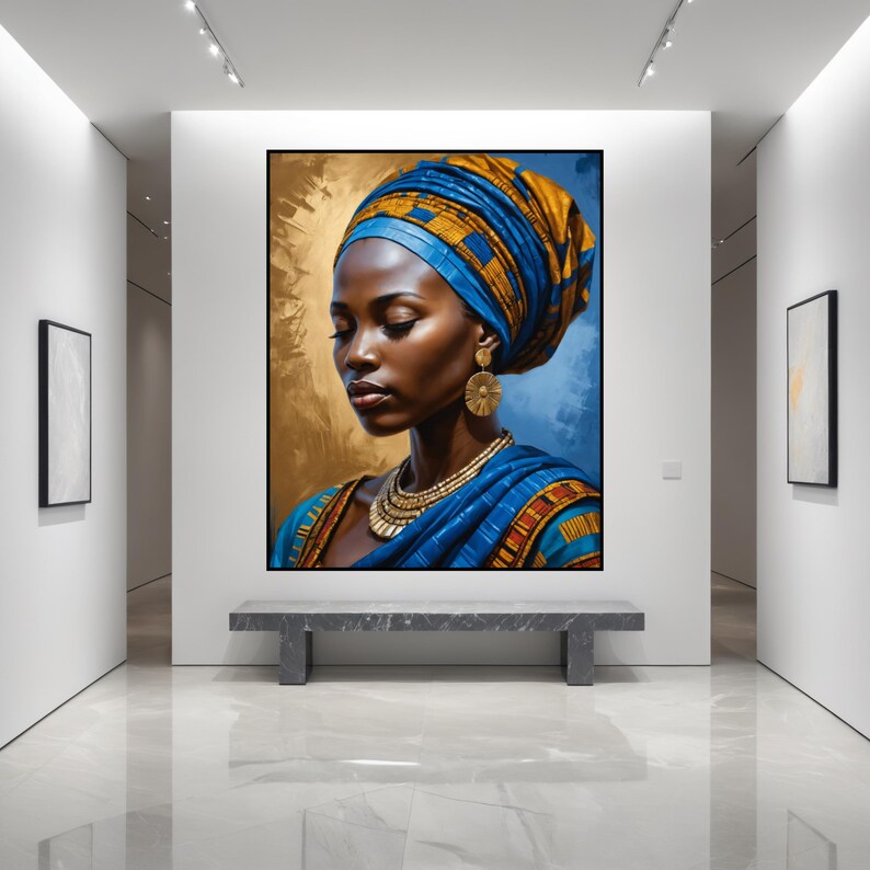 May include: A painting of a woman with dark skin wearing a blue and gold head wrap and a blue and gold patterned dress. She is looking down and has gold earrings.