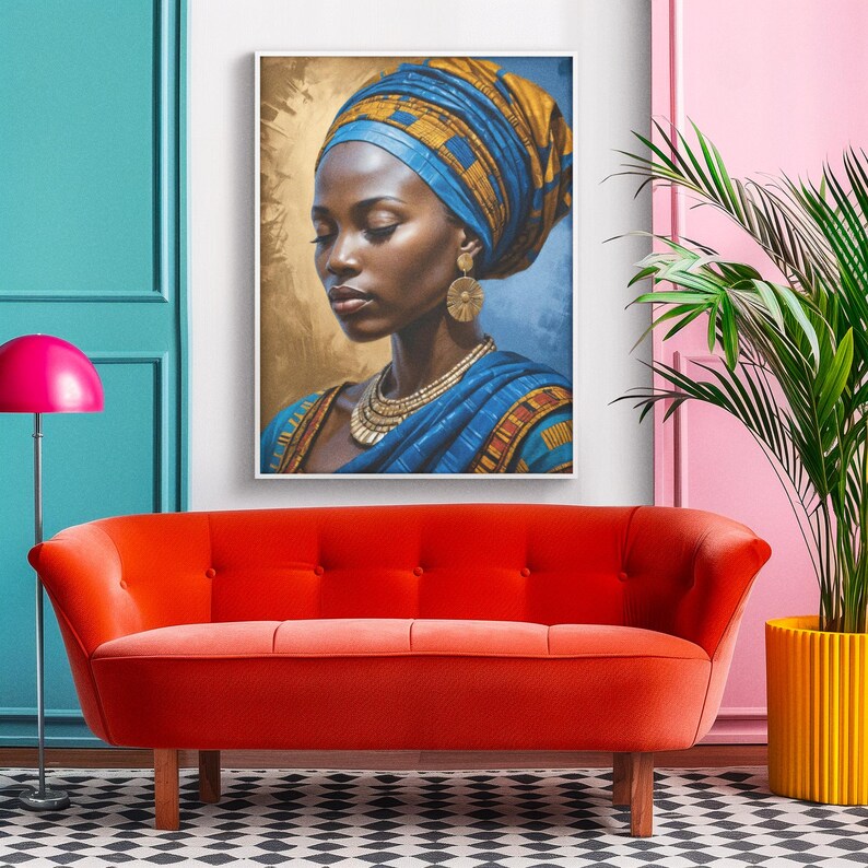 May include: A portrait painting of a woman with dark skin wearing a blue and gold head wrap and a blue and gold patterned dress. She is wearing gold earrings and a gold necklace.
