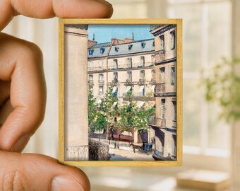 Mini painting Paris street, impressionist canvas reproduction, handmade wooden frame, Parisian miniature art gift