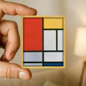 Abstrakte Miniaturmalerei von Piet Mondrian – Reproduktion auf Leinwand, farbenfrohe geometrische Komposition – handgefertigter Holzrahmen – Kunstgeschenk