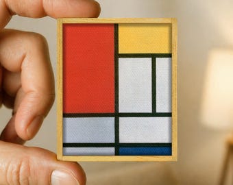 Miniature abstract painting by Piet Mondrian - colorful geometric composition canvas reproduction - handmade wood frame - miniature art gift