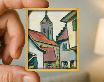 Miniature village street painting by August Macke - colorful townscape canvas reproduction - handmade wood frame - miniature art gift