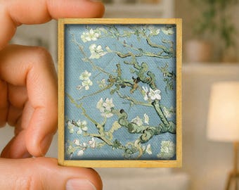 Mini painting Almond blossom by Vincent van Gogh - floral art canvas reproduction - handmade wooden frame - miniature art gift - unique gift