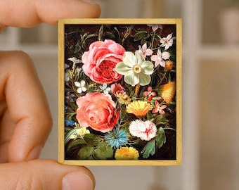 Mini painting Flowers - floral art canvas reproduction - handmade wooden frame - miniature art gift - 17th-century Flemish baroque