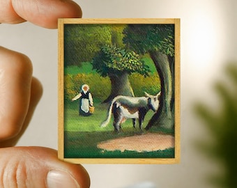 Miniature painting View of Brittany by Henri Rousseau - countryside scene canvas reproduction - handmade wood frame - miniature art gift