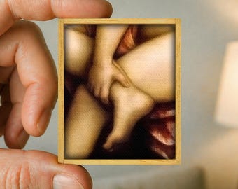Mini classical nude painting - body detail - canvas art reproduction - handmade wooden frame - miniature art - unique gift