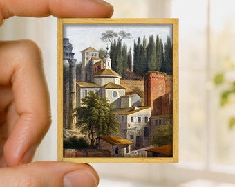 Mini painting Rome eternal city, Roman Forum canvas reproduction, handmade wooden frame, miniature art decor gift