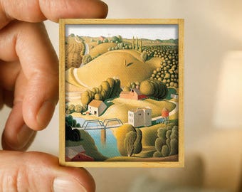 Miniature countryside painting by Grant Wood - American landscape canvas reproduction - handmade wood frame - miniature art gift
