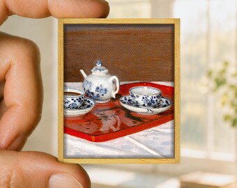 Mini painting tea service, impressionist canvas reproduction, handmade wooden frame, unique miniature art gift