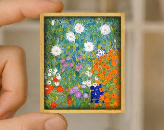 Mini painting Country garden by Gustav Klimt - floral art canvas reproduction - handmade wooden frame - miniature art gift