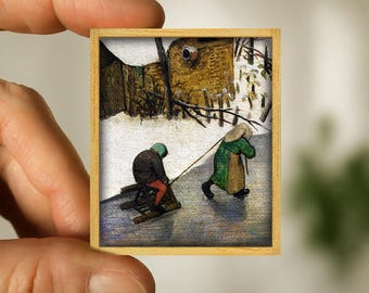 Mini artwork everyday life scene - playful couple - canvas art reproduction Brueghel - handmade wooden frame - miniature art - unique gift
