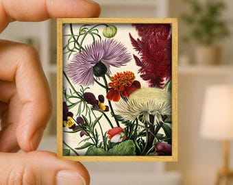 Mini botanical art painting - floral art canvas reproduction - handmade wooden frame - unique miniature art gift - ideal flower bouquet