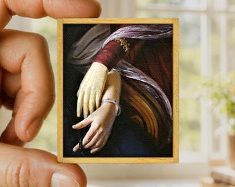 Mini painting entwined hands, romantic art canvas reproduction, handmade wooden frame, unique miniature art gift