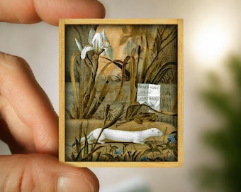 Mini painting white ermine - floral nature scene - canvas art reproduction - handmade wooden frame - miniature art - unique gift