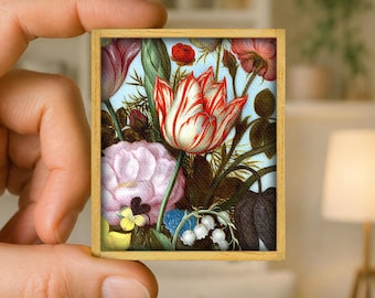 Mini painting Bouquet of flowers - floral art canvas reproduction - handmade wooden frame - miniature art gift - 17th-century baroque