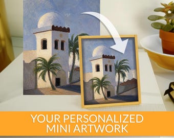 Personalized mini painting – Your artwork reproduced in miniature on canvas – Handmade wooden frame – holiday and birthday gift