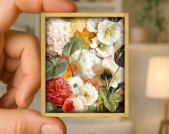 Mini painting Delicate Floral Composition - canvas reproduction - handmade wooden frame - unique miniature art gift - Antoine Berjon