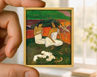 Mini painting Gauguin Tahitian women, Tahiti canvas reproduction, handmade wooden frame, exotic miniature art gift