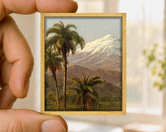 Mini painting palm trees and snowy mountains, tropical canvas reproduction, handmade wooden frame, unique miniature art gift