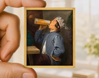 Mini painting joyful drinker, festive art canvas reproduction, handmade wooden frame, unique miniature art gift