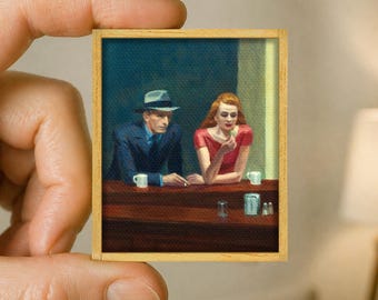 Edward Hopper Nighthawks Mini Painting - Night Bar Scene Canvas Reproduction - Handmade Wooden Frame - Miniature Art Gift