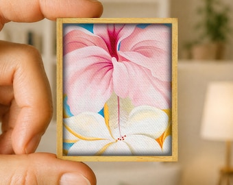 Mini painting Hibiscus and plumeria - Georgia O’Keeffe floral art canvas reproduction - handmade wooden frame - unique miniature art gift