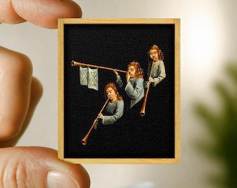 Mini painting angel musicians - canvas art reproduction - handmade wooden frame - miniature art - unique gift