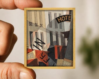 Miniature painting Hotel by Charles Demuth - modernist cityscape canvas reproduction - handmade wood frame - miniature art gift