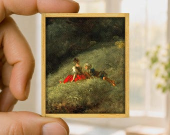 Mini painting intimate couple, romantic canvas art reproduction, handmade wooden frame, countryside miniature art gift