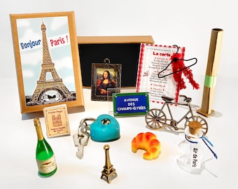 Set regalo in miniatura di Parigi - Scatola regalo "Bonjour Paris!" - Annuncio di viaggio - Souvenir francese - Idea decorativa francese originale