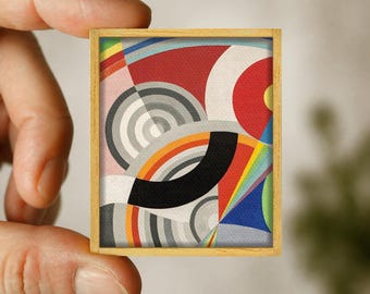 Miniature abstract painting by Robert Delaunay - colorful geometric shapes canvas reproduction - handmade wood frame - miniature art gift