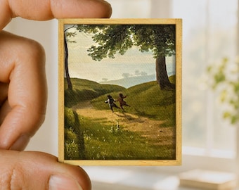 Mini painting Pastoral getaway, canvas art reproduction, handmade wooden frame, miniature art gift, happy children