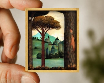 Mini Italian landscape painting Botticelli - canvas art reproduction - handmade wooden frame - miniature art - unique gift