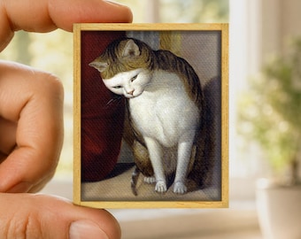 Mini painting curious cat, animal art canvas reproduction, handmade wooden frame, miniature art gift, intrigued cat